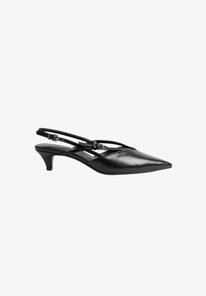 Zapato negro de punta afilada tipo slingback con tacón bajo tipo kitten y doble tira delgada con hebillas ajustables.
