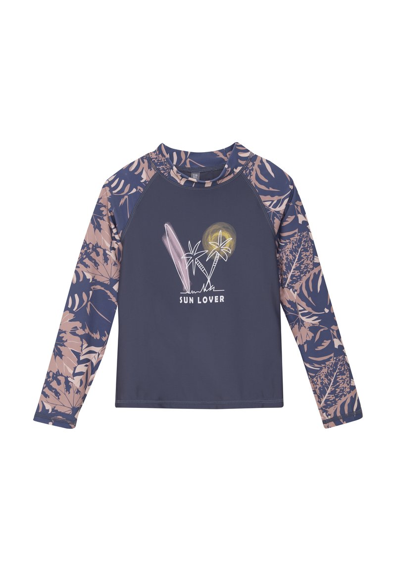 Långärmad rash guard med en mörkblå kropp, ljusrosa blommönster på ärmarna, och grafik av surfbrädor och palmer.