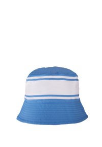 Blauwe bucket hat met een brede rand, voorzien van twee horizontale witte en lichtblauwe strepen over de witte band en verticale stiksels.