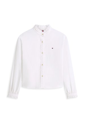 Hvid langærmet bluse med flæset krave og manchetter, gyldne knapper foran og lille Tommy Hilfiger-logo på venstre bryst.