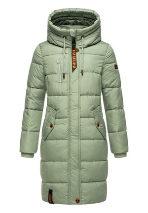 Veste rembourrée vert clair avec capuche, poches zippées, poignets élastiques et détail de marquage orange. Fini lisse et texturé.