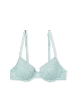 Reggiseno in pizzo azzurro chiaro con ferretto, spalline regolabili e bordi smerlati, caratterizzato da motivi floreali e dettagli in tessuto a rete.