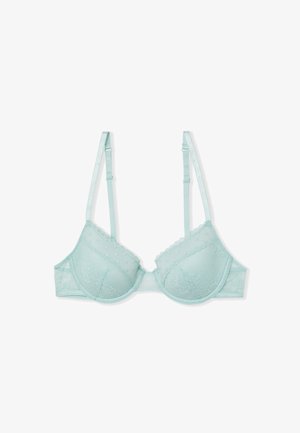 Reggiseno in pizzo azzurro chiaro con ferretto, spalline regolabili e bordi smerlati, caratterizzato da motivi floreali e dettagli in tessuto a rete.