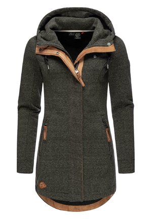 Donkergrijze lange jas met kap, voorrits, beige bies, met rits afsluitbare zijzakken en trekkoord in de capuchon.