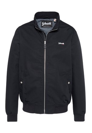 Schwarze Jacke mit Reißverschluss, Stehkragen, seitlichen Taschen mit Druckknöpfen, gerippten Bündchen und Saum sowie "Schott"-Logo auf der Brust und innen am Kragen.