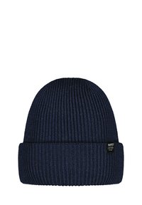 Marineblauwe beanie muts met geribbeld breisel, voorzien van een omgeslagen rand en een klein zwart label aan de zijkant. Eenvoudig, rond ontwerp.