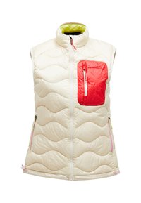 Gilet matelassé sans manches en ivoire avec une poche zippée rouge. Présente un motif en vagues, une fermeture éclair à l'avant et une doublure verte contrastante. Accents en rose.