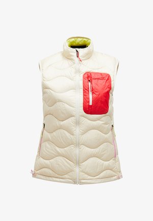 Padded sleeveless vest in ivory with a red zippered pocket. Features a wave pattern, zip front, and contrasting green lining. Accents in pink.