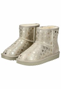 Beige Kurzstiefel mit einer weichen Innenschicht, die metallische Herzmuster in Gold und Silber aufweisen. Gummisohle mit strukturiertem Profil.