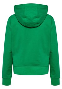 Grüne Kapuzenjacke mit einem schlichten Design, weicher Textur und einer Kordelzugkapuze. Die Bündchen und der Saum sind gerippt für einen angenehmen Sitz. Einfarbig.