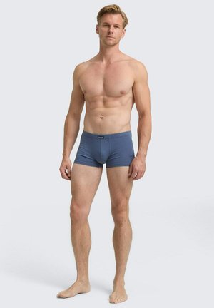 Heren blauwe boxershorts gemaakt van zachte stof, met een snug fit, elastische tailleband en zonder zichtbare patronen of hardware-details.