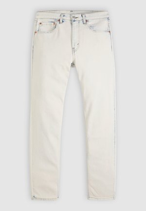 Light-colored denim jeans with a straight-leg design. Features include five pockets, metal buttons, and subtle fading along the seams.