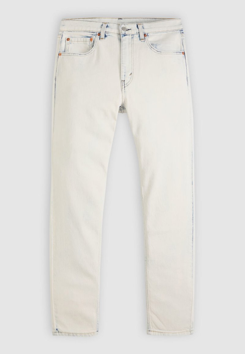 Jean en denim de couleur claire avec une coupe droite. Caractéristiques : cinq poches, boutons en métal et légère décoloration le long des coutures.