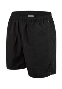 Schwarze Shorts aus leichtem Material, mit elastischem Bund, Seitentaschen und einem lockeren Schnitt mit glatter Textur.