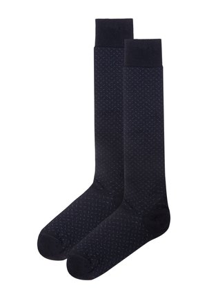 Navy socks with a subtle herringbone pattern, cotton blend material, ribbed cuffs, and reinforced toes for durability.