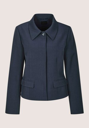 Navyblauer, maßgeschneiderter Blazer mit spitzem Kragen, Ein-Knopf-Verschluss und zwei Fronttaschen. Hergestellt aus strukturierter Baumwolle, mit figurbetontem Schnitt.