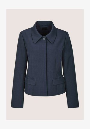Navyblauer, maßgeschneiderter Blazer mit spitzem Kragen, Ein-Knopf-Verschluss und zwei Fronttaschen. Hergestellt aus strukturierter Baumwolle, mit figurbetontem Schnitt.