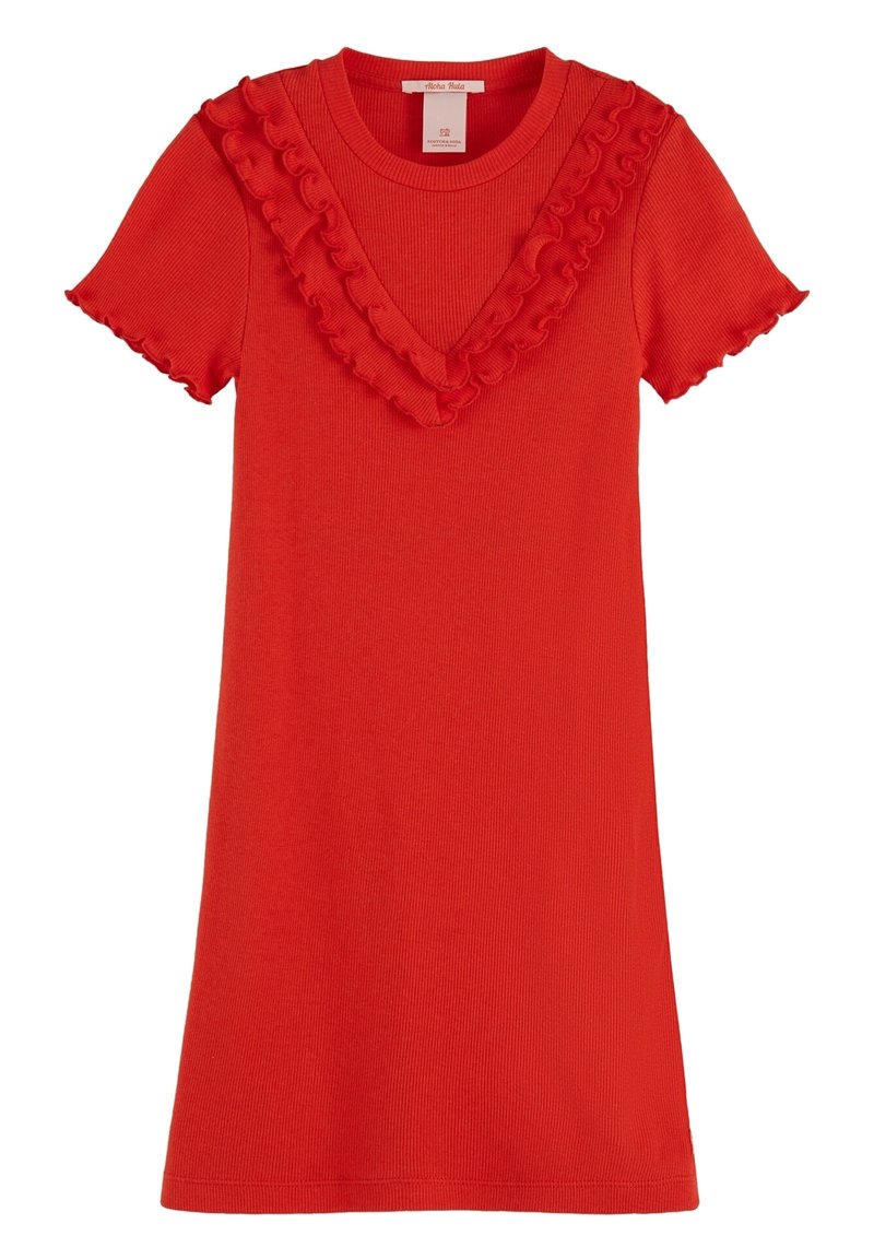 Robe rouge à manches courtes en maille côtelée avec un décolleté en V, ornée d'un volant le long de l'encolure et des manches. Texture lisse et design arrivant au genou.