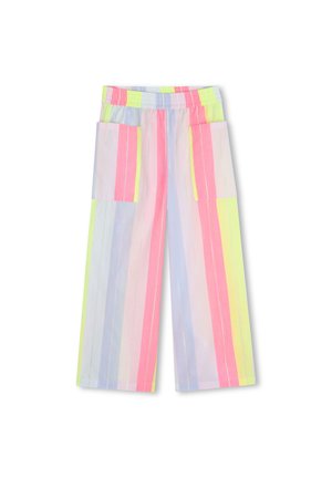 Wide-leg pants with vertical pastel stripes in pink, yellow, and light blue, featuring an elastic waistband and large front patch pockets.