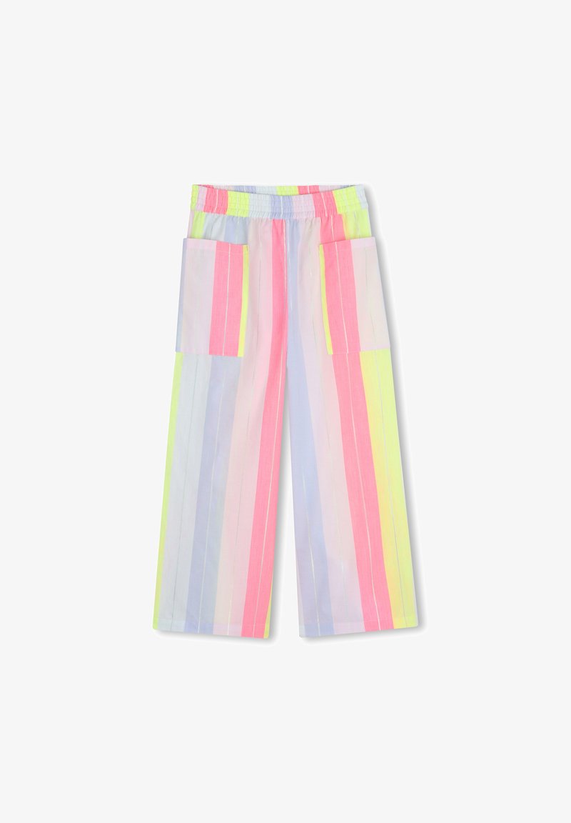 Wijdvallende broek met verticale pastelkleurige strepen in roze, geel en lichtblauw, voorzien van een elastische tailleband en grote opgestikte zakken aan de voorkant.