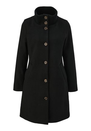 Manteau noir avec un col côtelé haut, fermeture à cinq boutons, deux poches latérales et une coupe droite, fabriqué en tissu texturé.