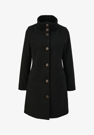 Zwarte jas met een hoge geribbelde kraag, sluiting met vijf knopen, twee zijzakken en een recht gesneden ontwerp gemaakt van textuurstof.