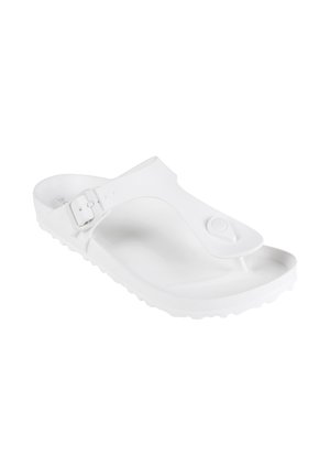 Witte rubberen teenslipper met verstelbare zijgesp en gevormd voetbed, ontworpen voor casual gebruik.