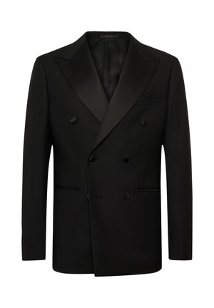 Blazer doppiopetto nero con revers in satin, due tasche frontali, una tasca sul petto e tessuto testurizzato. Vestibilità su misura, design strutturato.