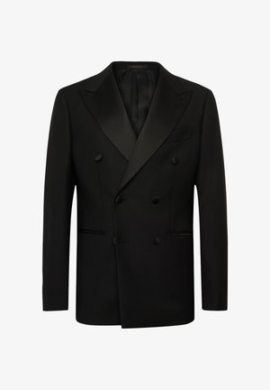 Zwarte dubbelbreasted blazer met satijnen revers, twee voorzakken, een enkele borstzak en textiel met structuur. Getailleerde pasvorm, gestructureerd ontwerp.