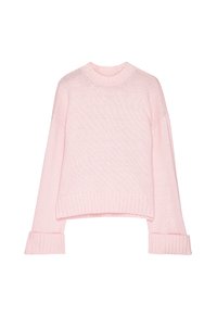 Ljust rosa stickad tröja med ribbstickade ärmar, krage och nederkant, med en något croppad passform och långa ärmar.