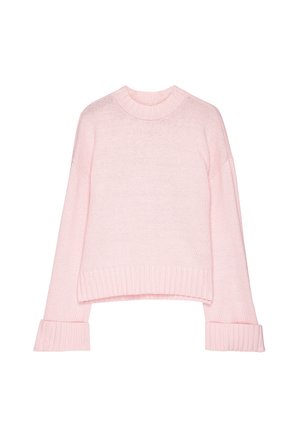 Light pink knitted sweater with ribbed cuffs, collar, and hem, featuring a slightly cropped fit and long sleeves.