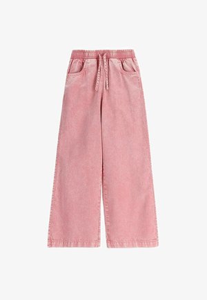 Różowe spodnie o szerokich nogawkach z elastycznym pasem i sznurkiem, posiadające przednie kieszenie i luźny krój.