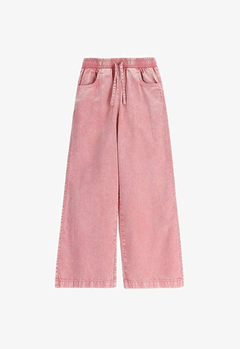 Różowe spodnie o szerokich nogawkach z elastycznym pasem i sznurkiem, posiadające przednie kieszenie i luźny krój.