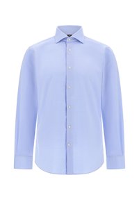 Světle modrá košile s dlouhým rukávem ze hladké tkaniny, s klasickým límečkem, zapínáním na knoflíky a zaobleným lemem v běžném střihu.