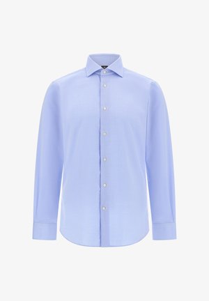 Světle modrá košile s dlouhým rukávem ze hladké tkaniny, s klasickým límečkem, zapínáním na knoflíky a zaobleným lemem v běžném střihu.