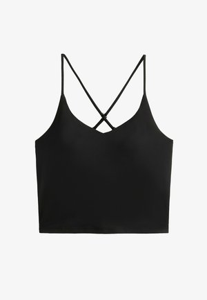 Top court noir à bretelles fines avec un dos en croisillon, fabriqué dans un tissu lisse et extensible. Forme simple et élégante sans motifs.