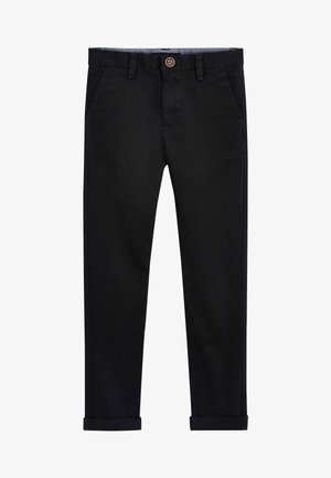 Chino noirs en coton avec une coupe droite, dotés d'un ourlet roulé, de poches avant et d'un détail de bouton circulaire à la taille.