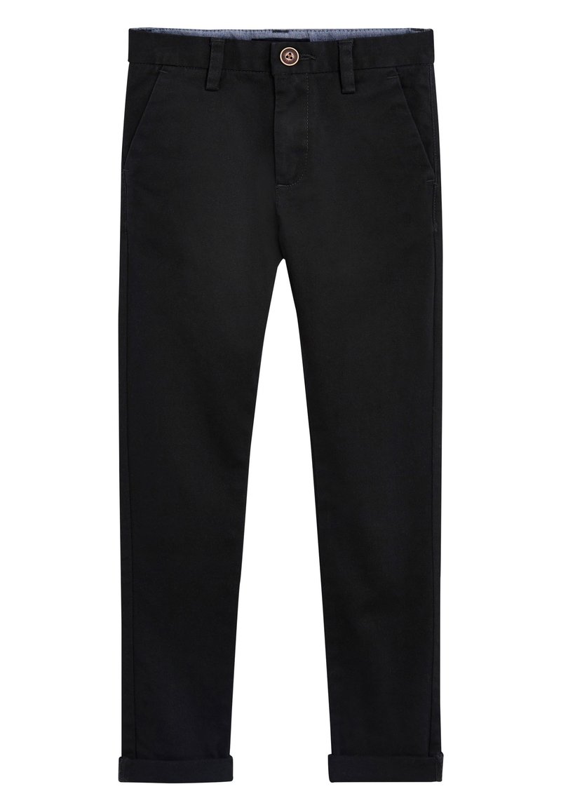 Schwarze Baumwoll-Chinos mit gerade geschnittenem Stil, mit umgeschlagenem Saum, Fronttaschen und einem runden Knopfdetail am Bund.
