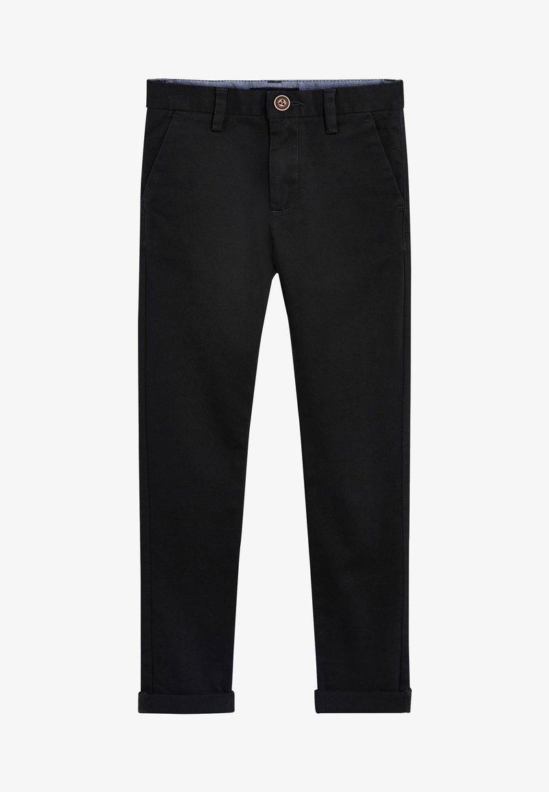 Chino noirs en coton avec une coupe droite, dotés d'un ourlet roulé, de poches avant et d'un détail de bouton circulaire à la taille.
