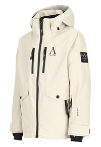 Cream-colored waterproof jacket with a hood, black zippers, chest logo patch, adjustable cuffs, and dual front pockets.