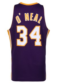 Lila Basketballtrikot mit gelben Akzenten, featuring den Namen "O'NEAL" und die Nummer "34" in Weiß, hergestellt aus atmungsaktivem Mesh-Stoff.