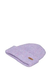 Gorro de lana morado trenzado con un dobladillo, que presenta una sutil mezcla de púrpura claro y oscuro, y una pequeña etiqueta de cuero.