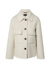 Wollen crèmekleurige jas met een kraag, zwarte knopen en twee borstzakken; heeft een gestructureerd, iets oversized ontwerp.