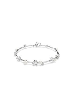 Silberarmband mit einem dünnen, geschwungenen Design, das verschiedene klare Steine und runde Perlen zeigt und eine Mischung aus Texturen und Formen präsentiert.