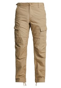 Kevyet khakinväriset cargo-housut, joissa on useita sivutaskuja, säädettävät kiristysnauhat lahkeensuissa ja napillinen suljenta.