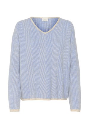Lichtblauwe v-hals trui met een visgraatpatroon, featuring een contrasterende beige rand en lange mouwen, vervaardigd uit een zachte, gestructureerde stof.