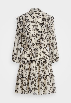 Cremfarbene, tiered Kleid mit floralen Druck und schwarzen Blättern. Verfügt über Rüschenärmel und -hals, elastischen Bund und leichtes Material.