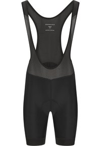 Radsport-Trägerhosen für schwarze Frauen mit meshartigem oberen Rückenbereich und gepolstertem Sitzbereich, beschriftet mit "Endurance" und Größe 38.