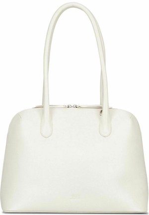 Witte leren handtas met lange handvatten, afgeronde hoeken en een ritsluiting aan de bovenkant.