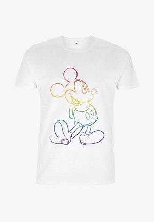 Weißes T-Shirt mit einer regenbogenfarbenen Verlaufslinienzeichnung eines Cartoon-Charakters mit großen Ohren, der Shorts und übergroße Schuhe trägt.